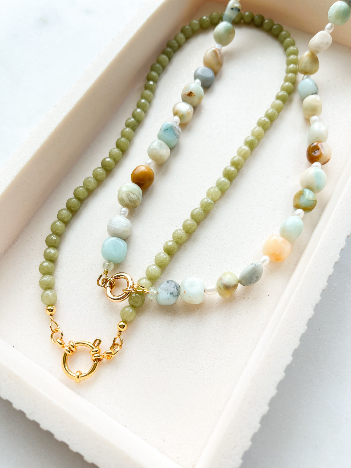 Beaded Necklace Amazonite and Pearls