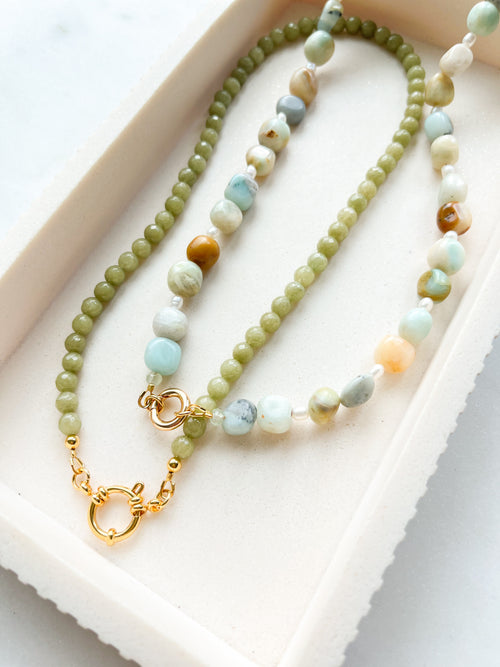 Beaded Necklace Amazonite and Pearls